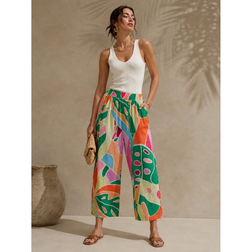 Christian Siriano Linen Wide Leg Pants Women M Tropical Print Resort